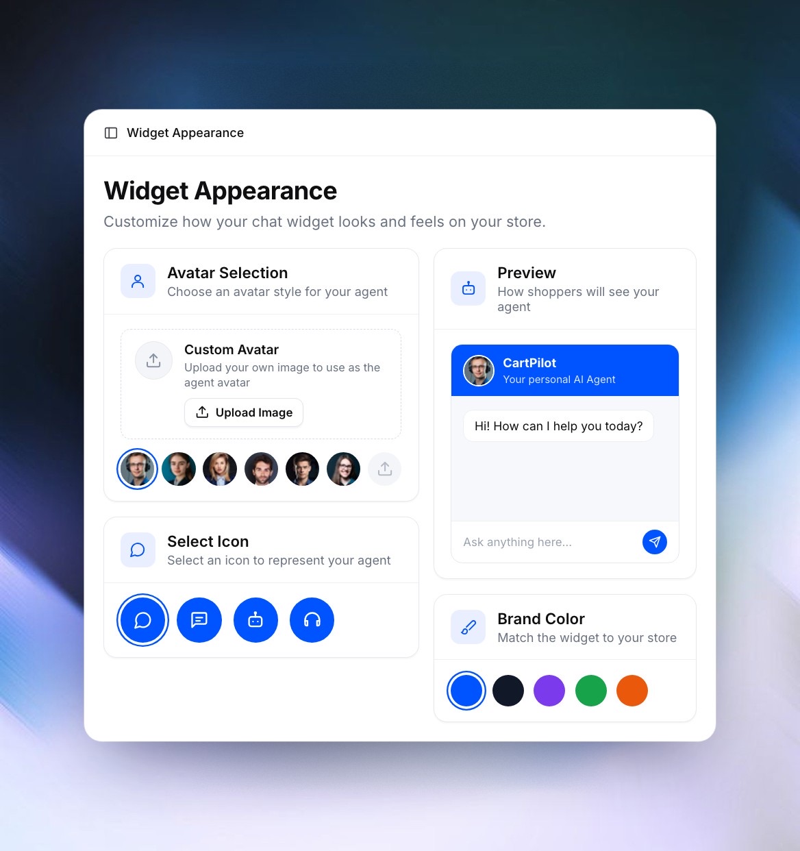 CartPilot Widget Appearance settings in the desktop dashboard