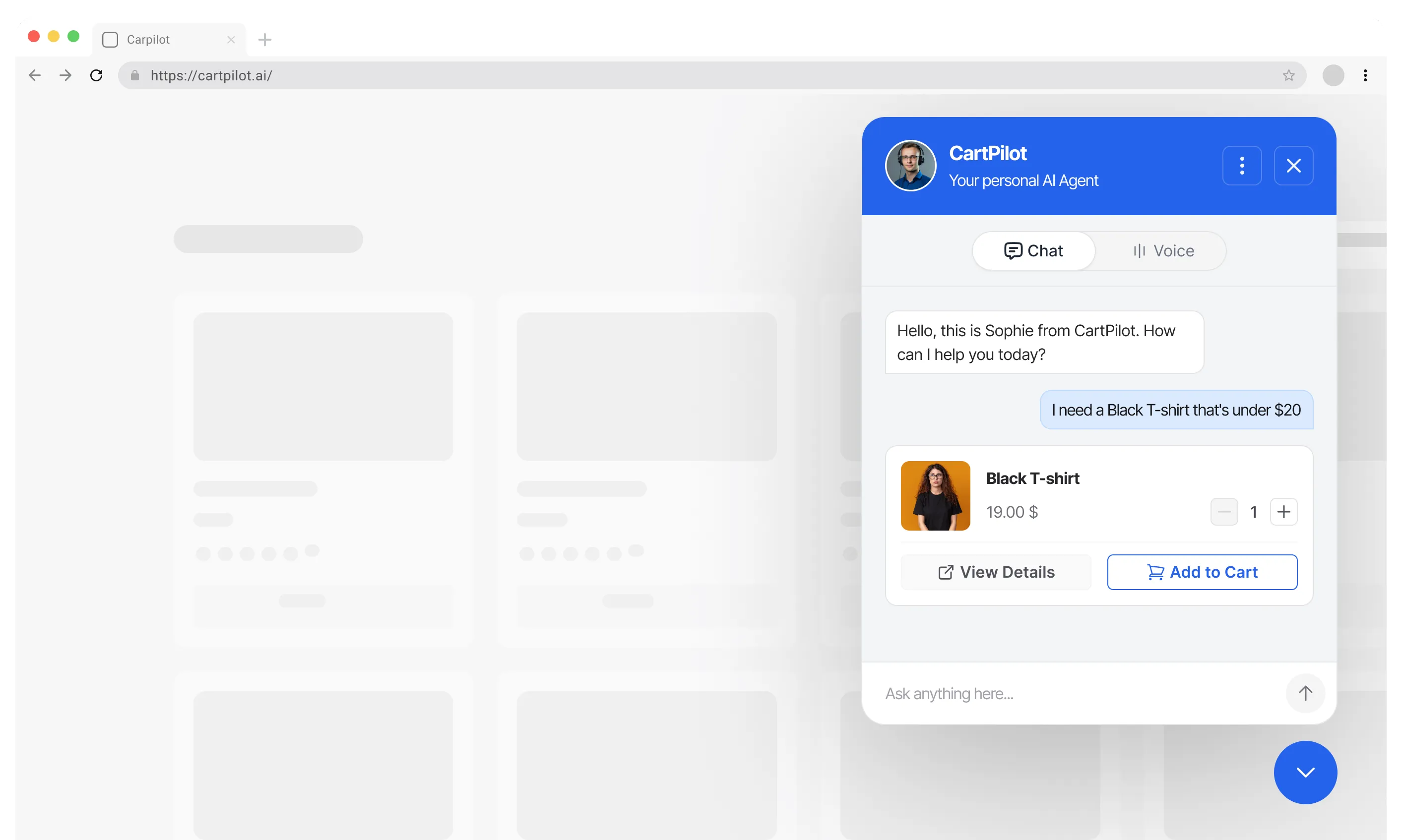 A store page in a browser with the CartPilot chat widget open, recommending a black T-shirt under $20 with an Add to Cart button