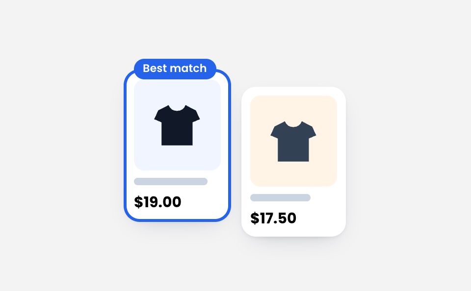 Two T-shirt product cards with prices, one marked Best match
