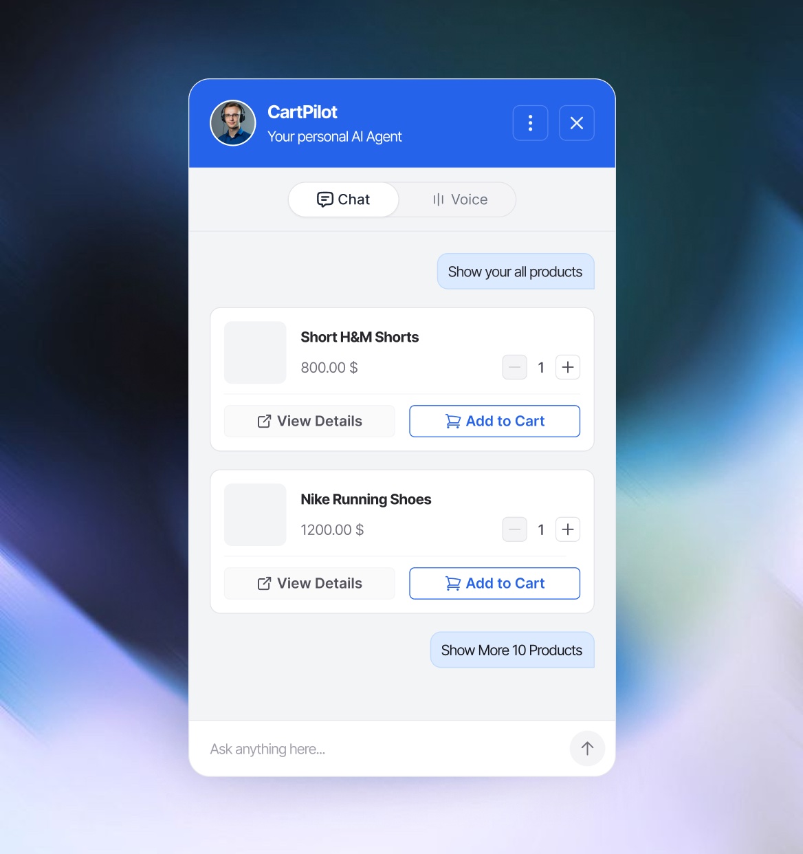 CartPilot chat showing product cards with View Details and Add to Cart buttons