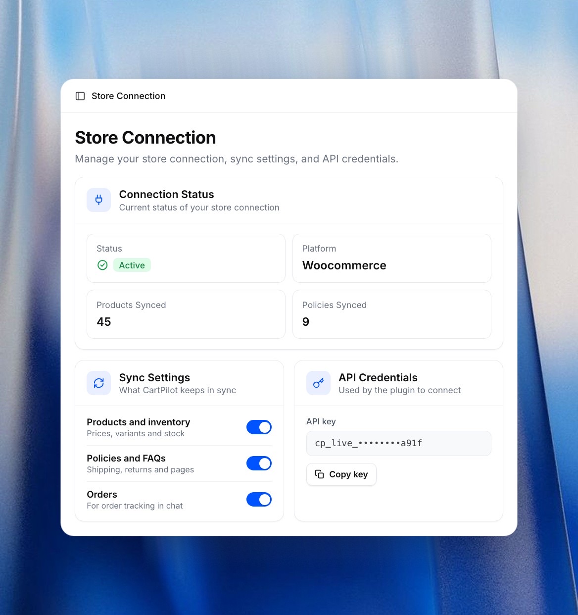 CartPilot Store Connection settings in the desktop dashboard