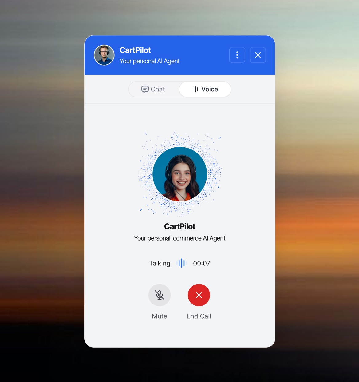 CartPilot voice agent mode in the chat widget